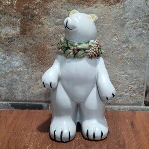 Vintage Ceramic Polar Bear Figurine Holly Wreath Collar Scarf Christmas Holiday